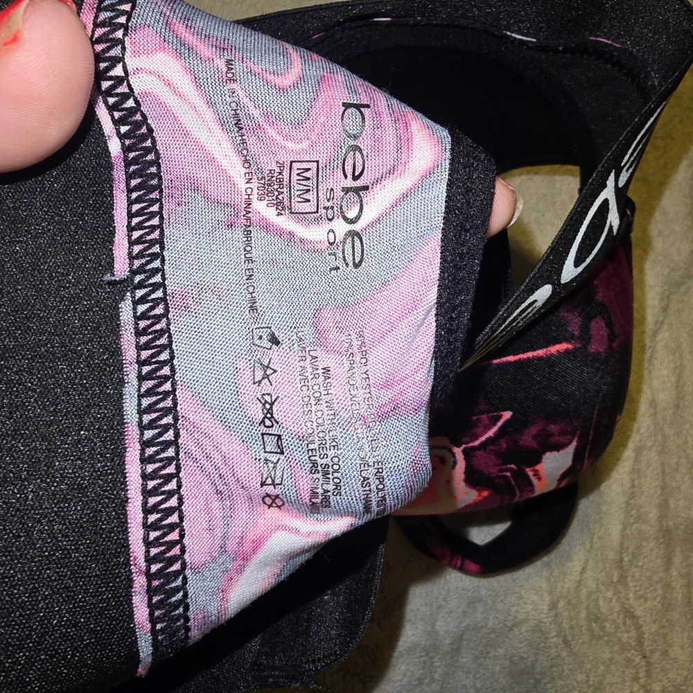 Bebe Sport Marble Print Sports Bra Women Medium Pink Black Polyester Athleisure - Picture 3 of 3